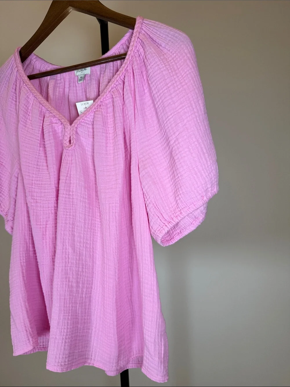 J. Crew Factory Pink Cotton Gauze Puff Sleeve Braided Neck Top | Size XL - Picture 4 of 8